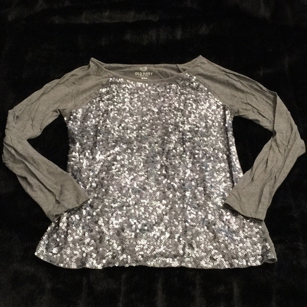 Gray Silver Sequin Long Sleeve Tee